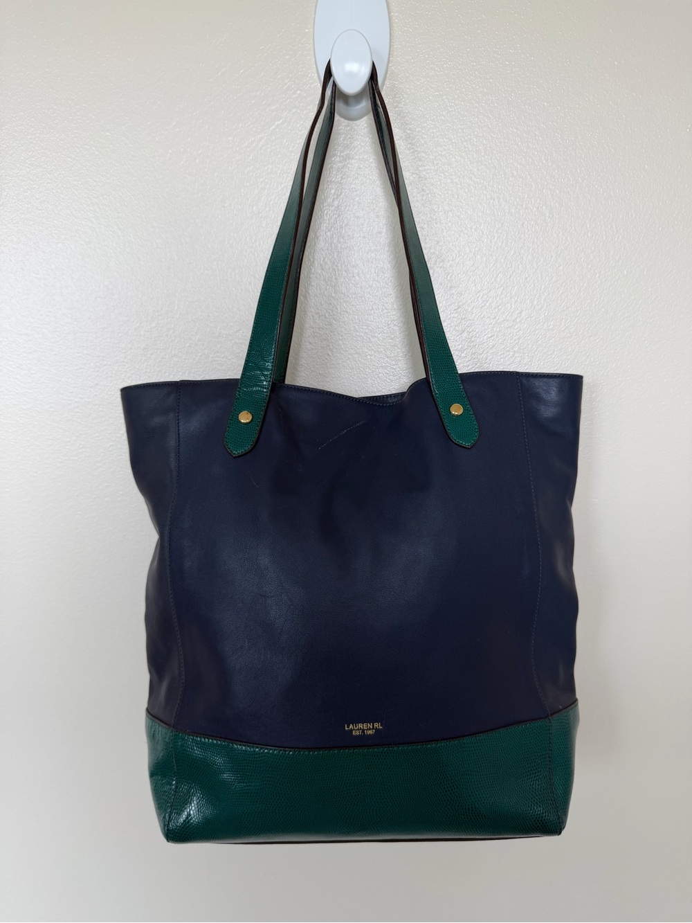 LAUREN RALPH LAUREN Smooth Blue & Snake Green Colorblock Leather Tote Bag